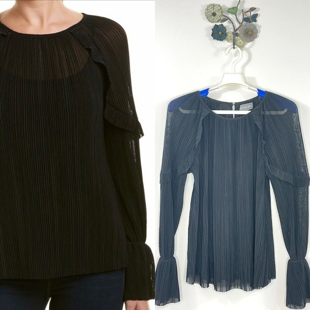 Michael Stars Women's Size Large Black Frilly Sheer Top Micro Pleats Ruffles